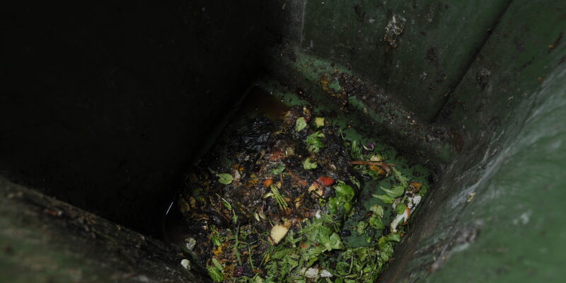 schmutziger Container mit Biomüll am Boden daher Containerhygiene wichtig